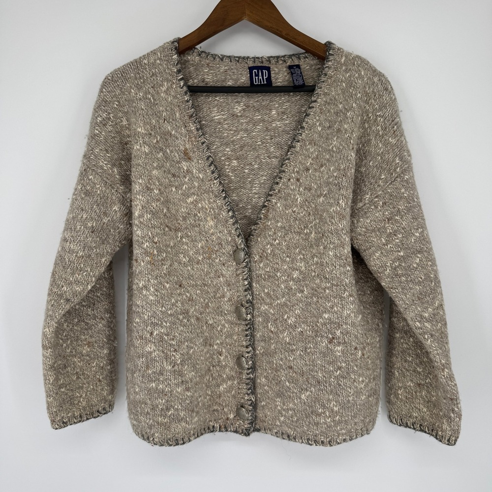 Vintage 90s GAP Cardigan M Wool Blnd Chunky Knit Blanket Stitch Cottagecore Boho